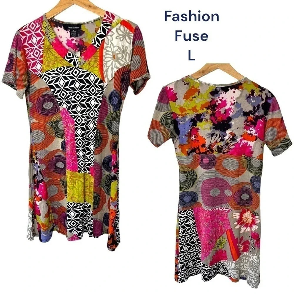 Fashion Fuse women's L multicolor psychedelic short‎ sleeve V-neck tunic artsy